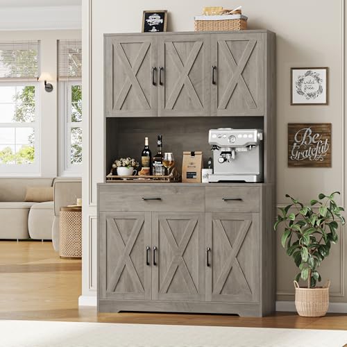 HOSTACK 71" Pantry Cabinet with Charging Station, Tall Kitchen Pantry Storage Cabinet with Microwave Stand