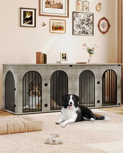 71" Dog Crate Furniture for 2 Dogs, Heavy Duty Indoor Dog Kennel TV Stand, XXL Wooden Dog Cage with Divider for Medium Large Dogs