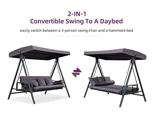 PURPLE LEAF Outdoor Patio Porch Swing with Adjustable PVC Canopy, 3-seat Swing Chair Bench with Side Cup Holder for Backyard Front Porch Lawn
