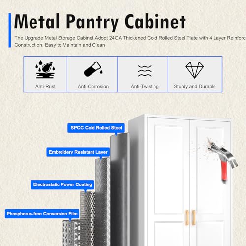 Pantry Cabinet, 71 Inch Tall Kitchen Storage Cabinet, Metal Pantry Cabinet with Doors and Adjustable Shelves, Black Food Cupboard