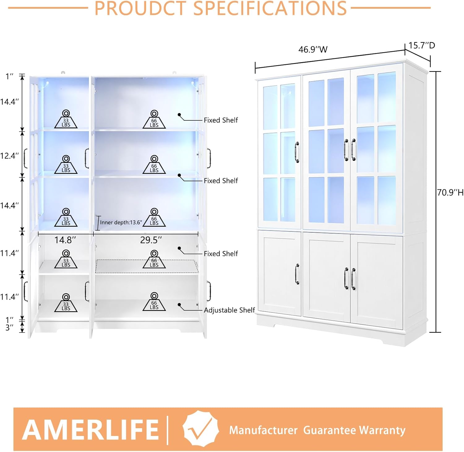 AMERLIFE 71" Tall Storage Cabinet with LED Lights, 5 Tier Large Modern Wood Kitchen Pantry with Acrylic Glass Doors & Shelves
