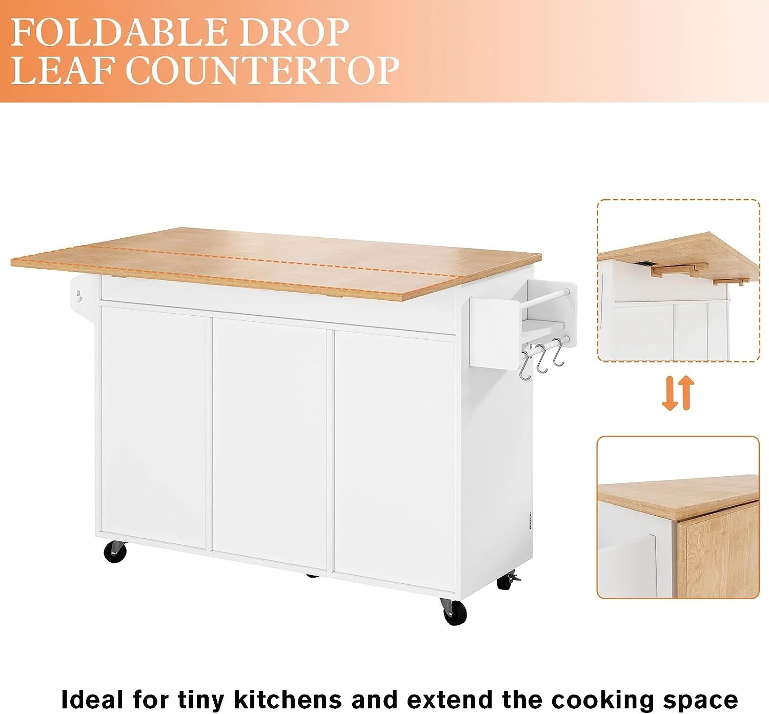 HLR Kitchen Island on Wheels, Kitchen Island with Storage&Drop Leaf, Island Table for Kitchen，White