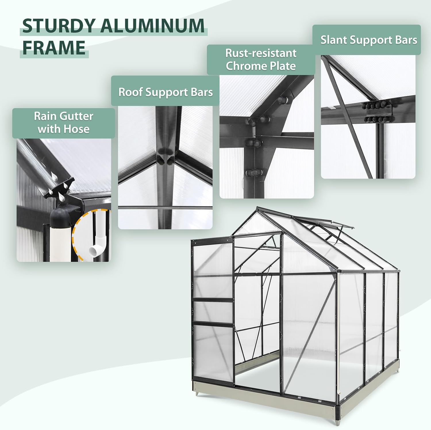 EAGLE PEAK 6x6x7 Outdoor Walk-in Hobby Greenhouse with Adjustable Roof Vent and Rain Gutter, Base and Anchor