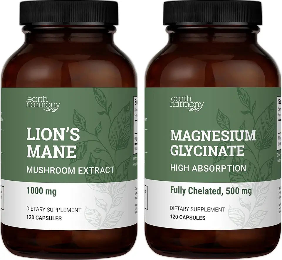 Earth Harmony Chelated Magnesium Glycinate 500mg & Organic Lion's Mane - 120 Capsules Each - Kansas Nuitrition - HNZSDS