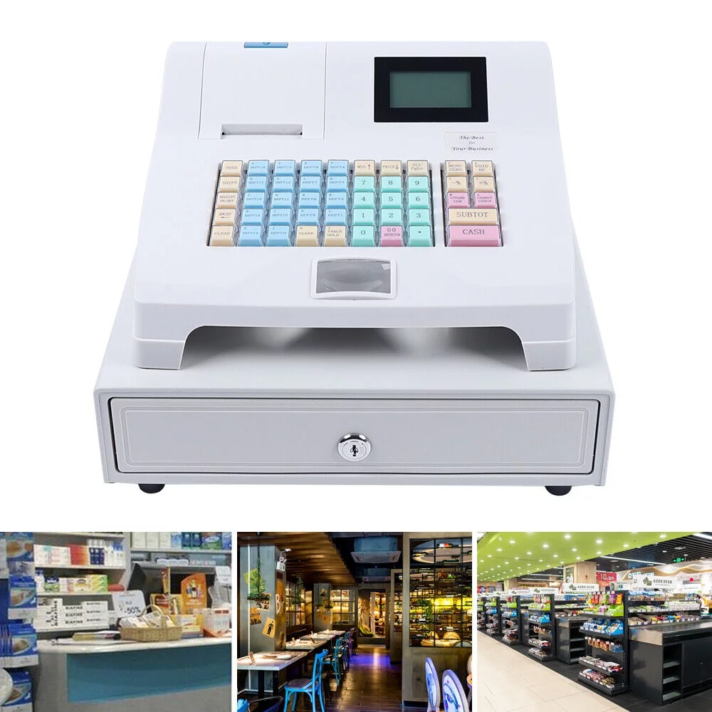 ZhdnBhnos Commercial Electronic Cash Register 48 Keys POS System Casher Digital LED Display W/ Drawer For Supermarket Restaurant Bar Shop Store Retail