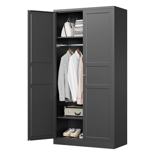 MIIIKO Steel Cabinet Wardrobe, Metal Locker Cabinet with Hanging Rod, Metal Clothing Locker Storage for Home, Office, Garage and Changing Room