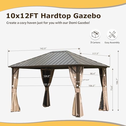 Domi 10' x 10' Hardtop Gazebo Outdoor Metal Gazebo with Galvanized Steel Double Roof Canopy, Curtains and Netting for Patio, Backyard, Deck