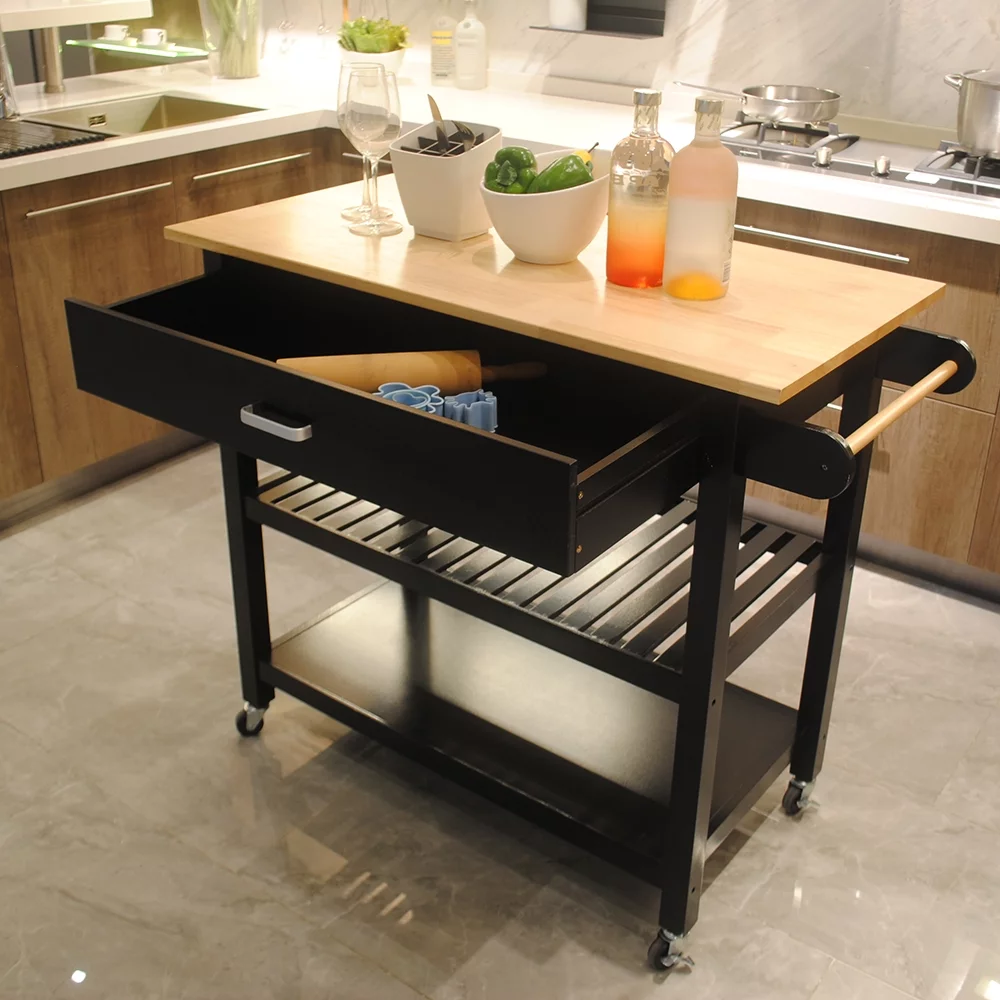 COOKCOK Kitchen Island Cart with Wheels,3-Tier Utility Kitchen Cart W/Drawer,Black