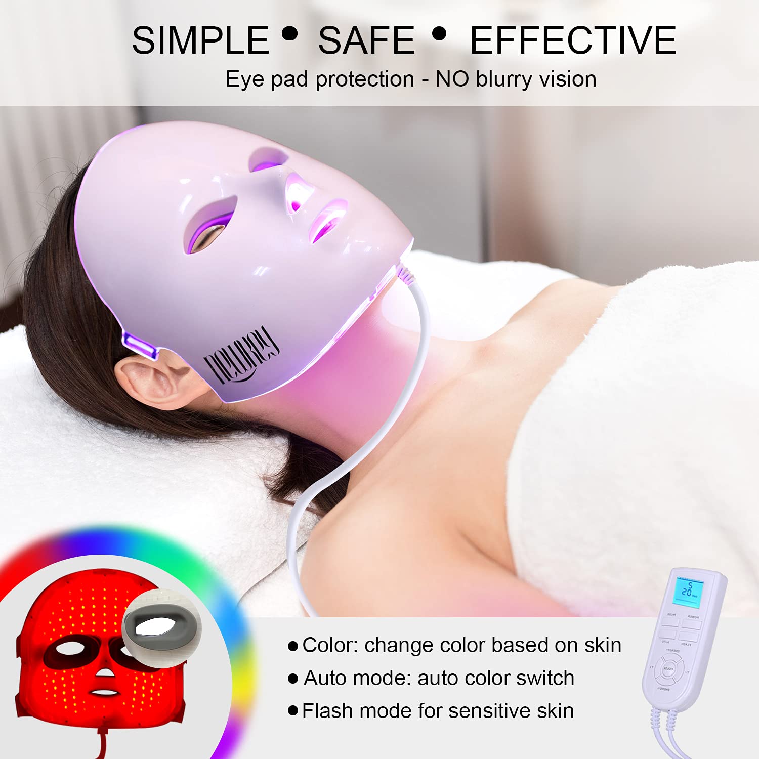 LED Face Mask Light Therapy, NEWKEY LED Facial Skin Care Mask, 7 Colors Red and Blue Light Therapy Mask, Photon LED Mask for Acne Reduction
