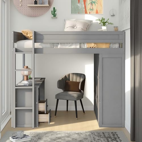 Full Size Loft Bed with L-Shaped Desk, Wardrobe and Storage Shelves, Solid Wood Bedframe w/Safety Guardrails & Ladder for Kids Teens Adults