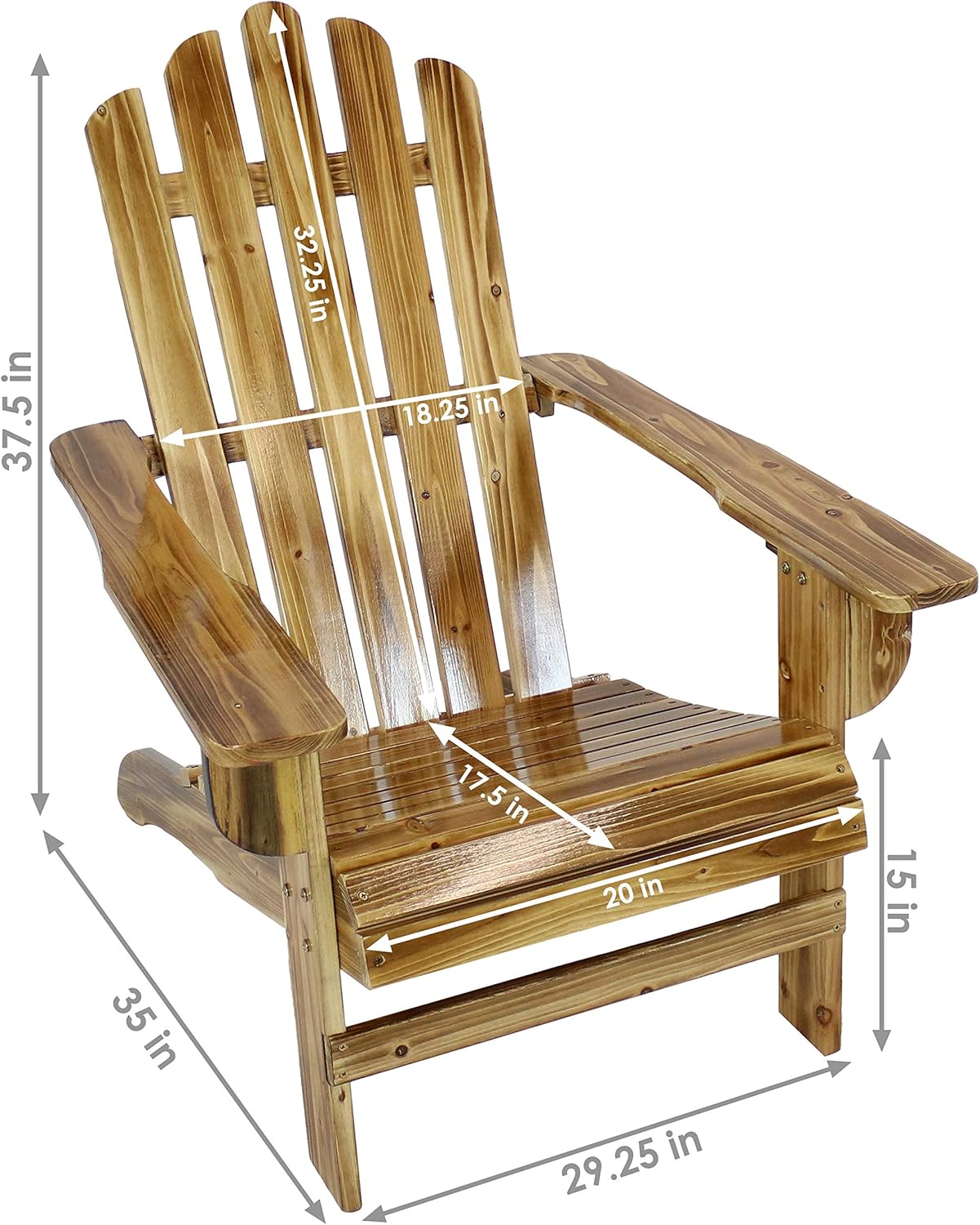 Sunnydaze Rustic Adirondack Chair - Natural Fir Wood Material with Light Charred Finish - 250-Pound Weight Capacity - Perfect Chair for Front Lawn