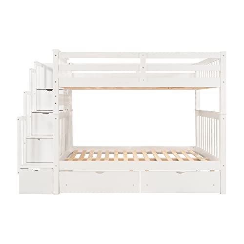 Ball & Cast Twin-Over-Twin Bunk Bed with Twin-Size Trundle and 3 Storage Stairs,Wood Bunkbed w/Full-Length Guardrails,Slat Support