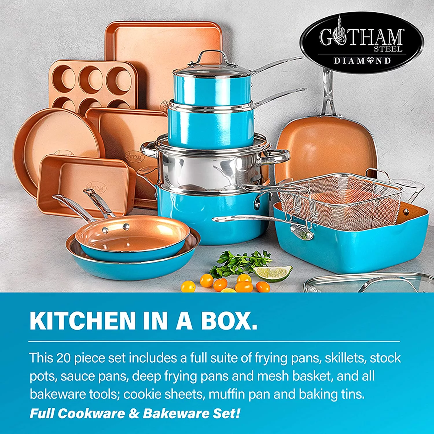 Gotham Steel Cookware + Bakeware Set with Non-stick Durable Ceramic Copper Coating – Includes Skillets, Stock Pots, Deep Square Fry Basket