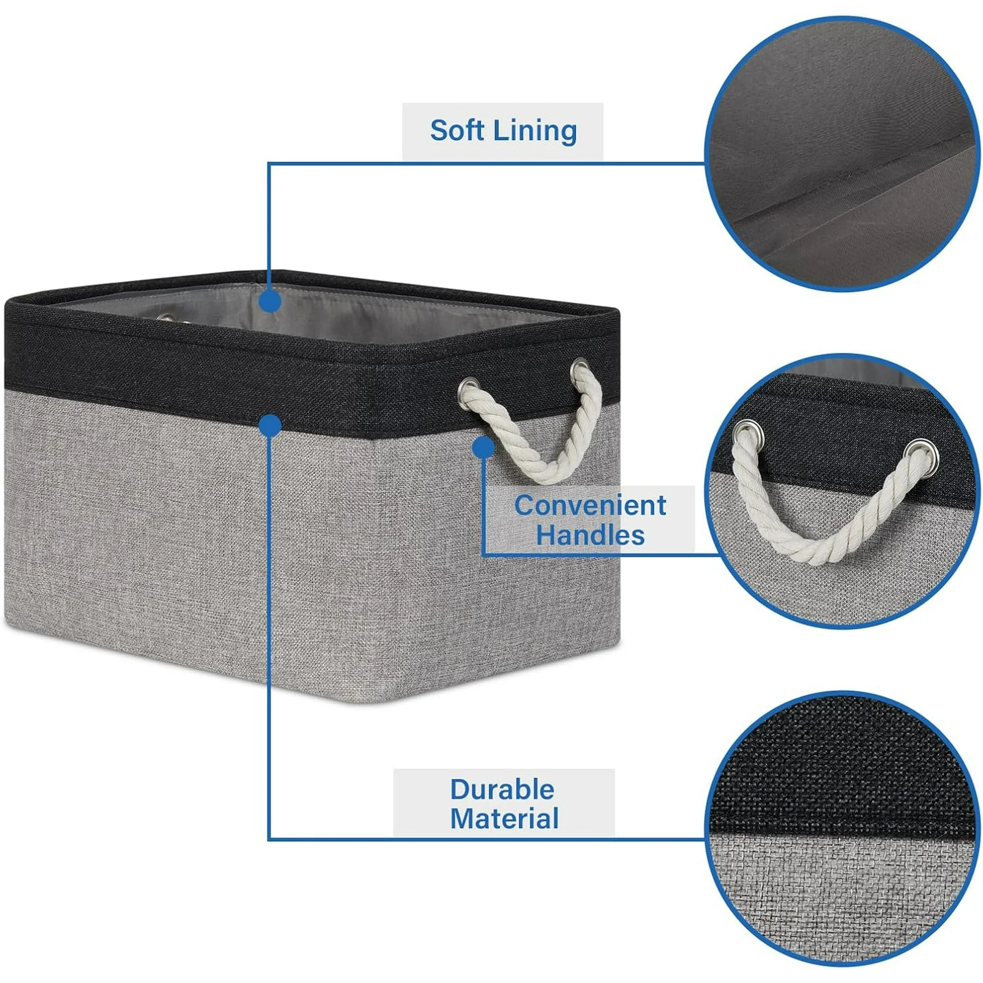Fabric Storage Baskets 4Pack Storage Bins Decorative Basket for Gift, Clothes Bin with Rope Handle, Rectangle Baskets for Storage, Blankets(Black&amp