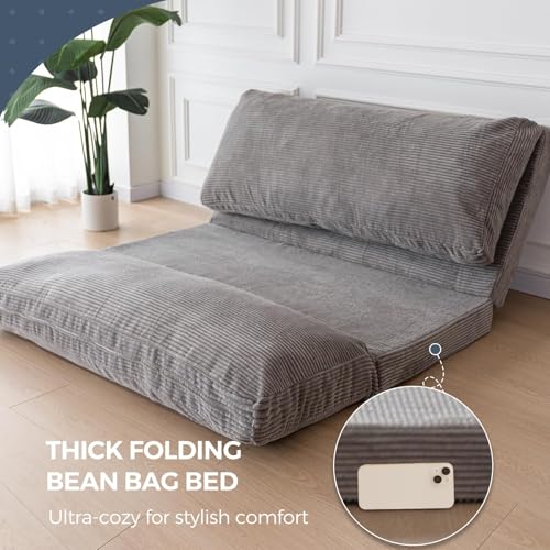 MAXYOYO Bean Bag Bed Folding Sofa Bed Floor Mattress for Adults, Extra Thick and Long Floor Sofa with Corded Washable Cover, Dark Grey, 30x95 Inch