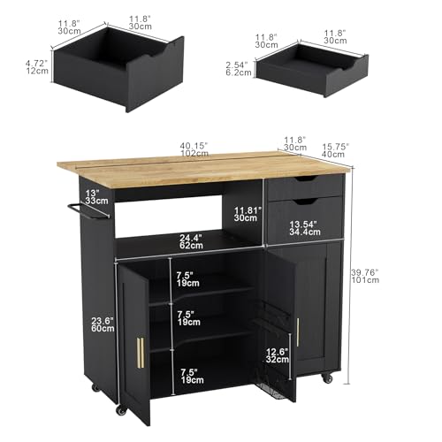Rolling Mobile Kitchen Island Cart Bar with Drawer and Desktop Drop Leaf Countertop, Island Table Storage with 5 Wheels