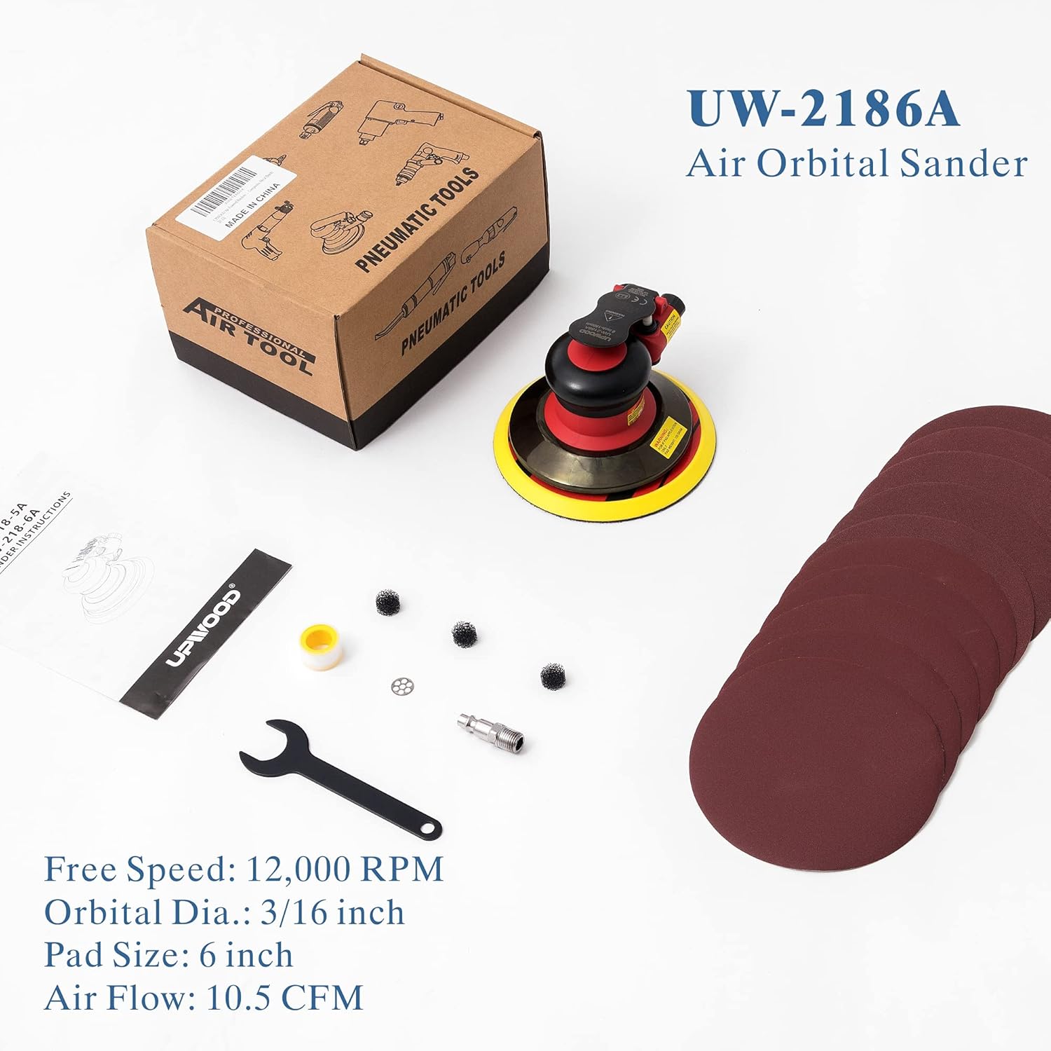 6-inch Air Random Orbital Sander by UPWOOD, Heavy Duty Palm Air Powered Sander Pneumatic Sander with 10pcs Sandpapers