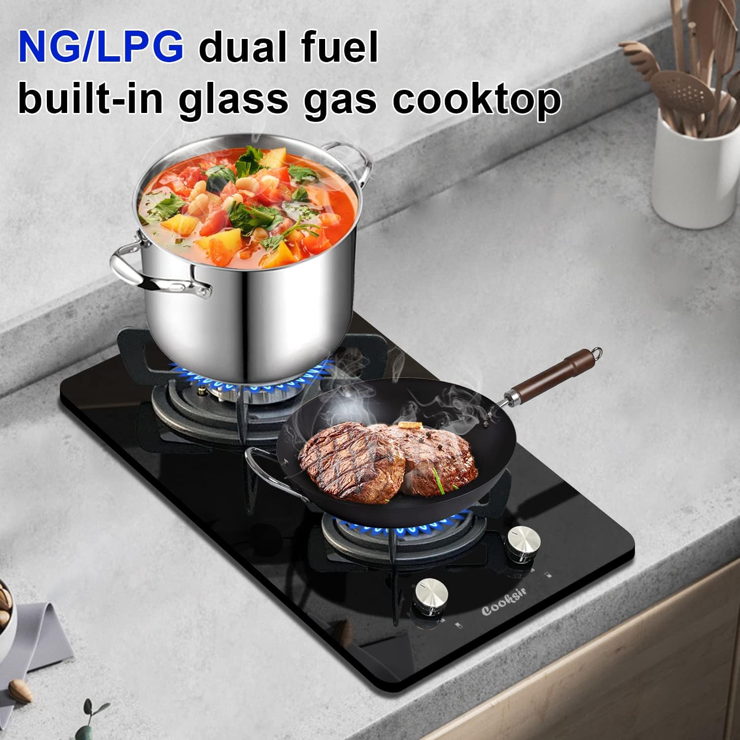 12 inch Gas Stove, 2 Burners Propane Cooktop Bulit-in, Indoor Gas Cooktop Suitable for Dual Fuel LPG/NG, Tempered Glass Gas Stove Top for Kitchen