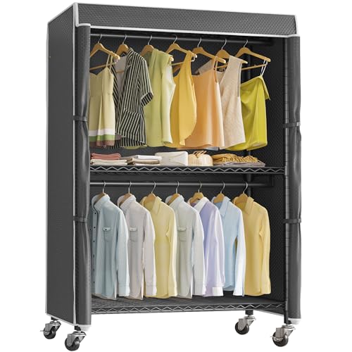VIPEK R2C Medium Rolling Garment Rack with Cover Heavy Duty Clothes Rack Adjustable Clothing Rack for Hanging Clothes Portable Closets with Double