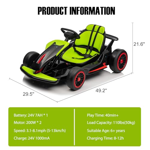 24V Go Kart for Kids, Electric Drift Kart with 2X200W Motor, 7AH Battery, Drift Function, Electric Pedals, and Safety Belt
