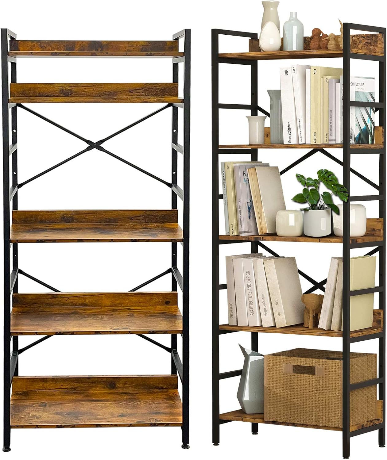 SUAYLLA Industrial Bookshelf,4 Tier Tall Bookcase,Storage Rack Shelves with Adjustable Shelf,Metal Frame Bookshelves for Living Room Office
