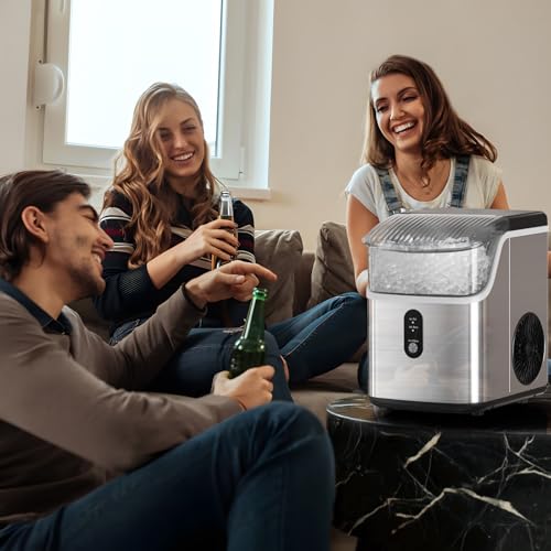 Nugget Ice Makers Countertop, Pebble Ice Machine with Chewable Pellet Ice, 34Lbs/24H, Self-Cleaning, Sonic Ice, One-Click Operation, for Kitchen