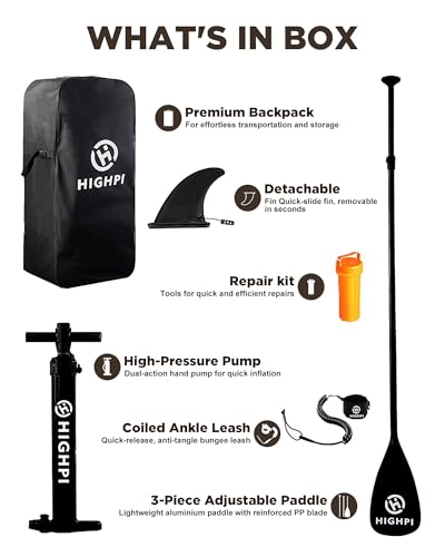 Highpi Inflatable Stand Up Paddle Board Premium SUP Accessories, Backpack, Wide Stance, Surf Control, Non-Slip Deck, Leash, Paddle and Pump