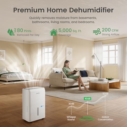 Waykar 80 Pint Energy Star Dehumidifier for Home, Basement, Large Rooms up to 5,000 Sq. Ft. - Auto Defrost, Ultra Quiet(40 dB), Auto Comfort Mode