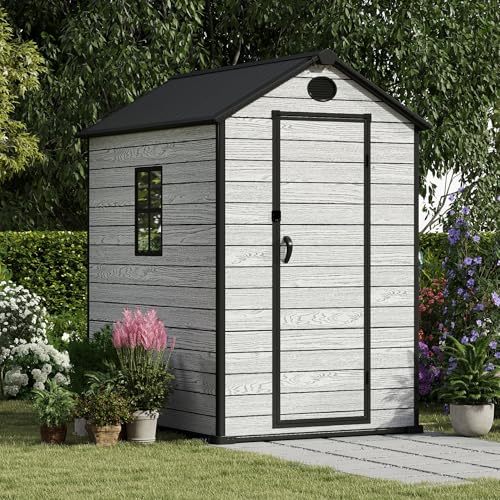4.4x6 FT Resin Outdoor Storage Shed, 230 Cuft Garden Tool Sheds & Outdoor Storage Plastic Shed with Floor