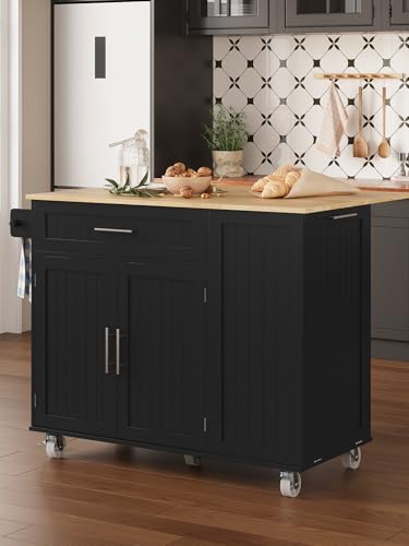 Kitchen Island with Storage, 31.5" D Rolling Kitchen Island Cart on Wheels with Widen Drop Leaf Rubberwood Top
