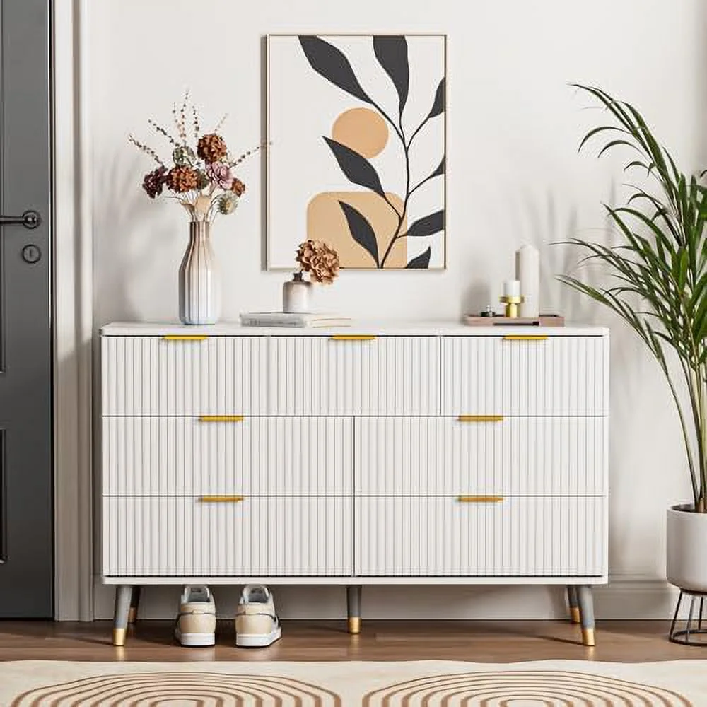 7 Drawer Dresser for Bedroom  Fluted White and Gold Dresser with Curved Profile Design   Dresser Wood  Dressers &amp