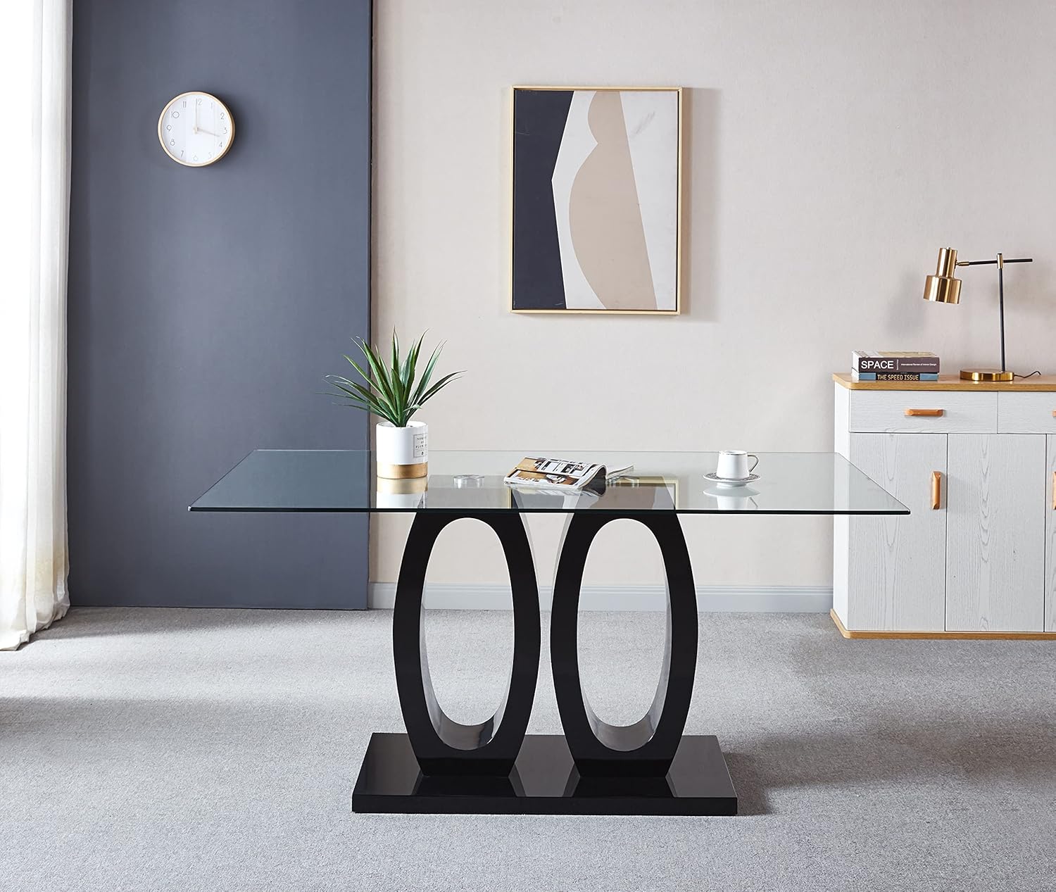 Rectangular Tempered Glass Dining Table with Double O-Shape Pedestal