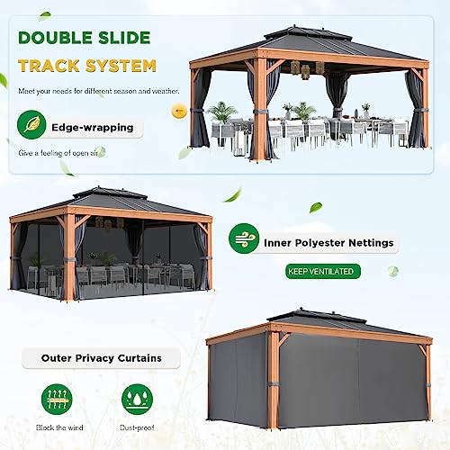 EROMMY 12'x20' Hardtop Gazebo Double Roof Galvanized Steel Canopy Outdoor Aluminum Frame Permanent Metal Pavilion with Netting and Curtains for Patio