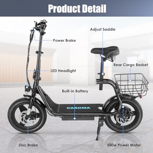 Caroma Peak 500W/800W/1200W Electric Scooter with Seat for Adults,up to 30 Miles&20MPH, 14" Fat Tire