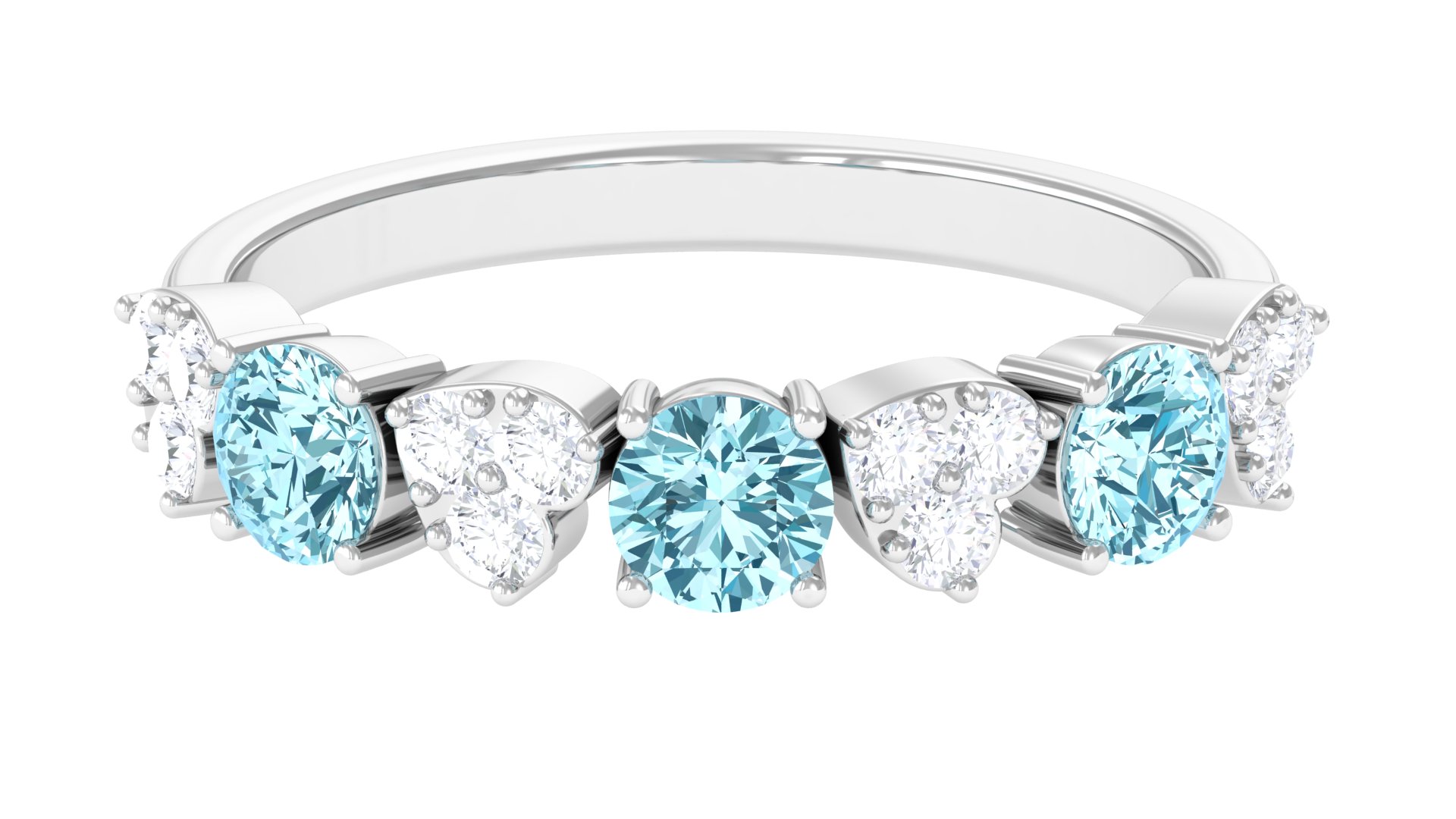 Aquamarine Half Eternity Ring with Diamond, Natural Aquamarine Heart Ring for Women - March Birthstone, 925 Sterling Silver, US 6.50