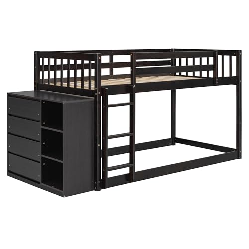 Ball & Cast Full Over Full Bunk Bed with Twin Size Trundle and Built in 4 Drawer,Wood Bunkbed w/Storage Ladder & Slat Support
