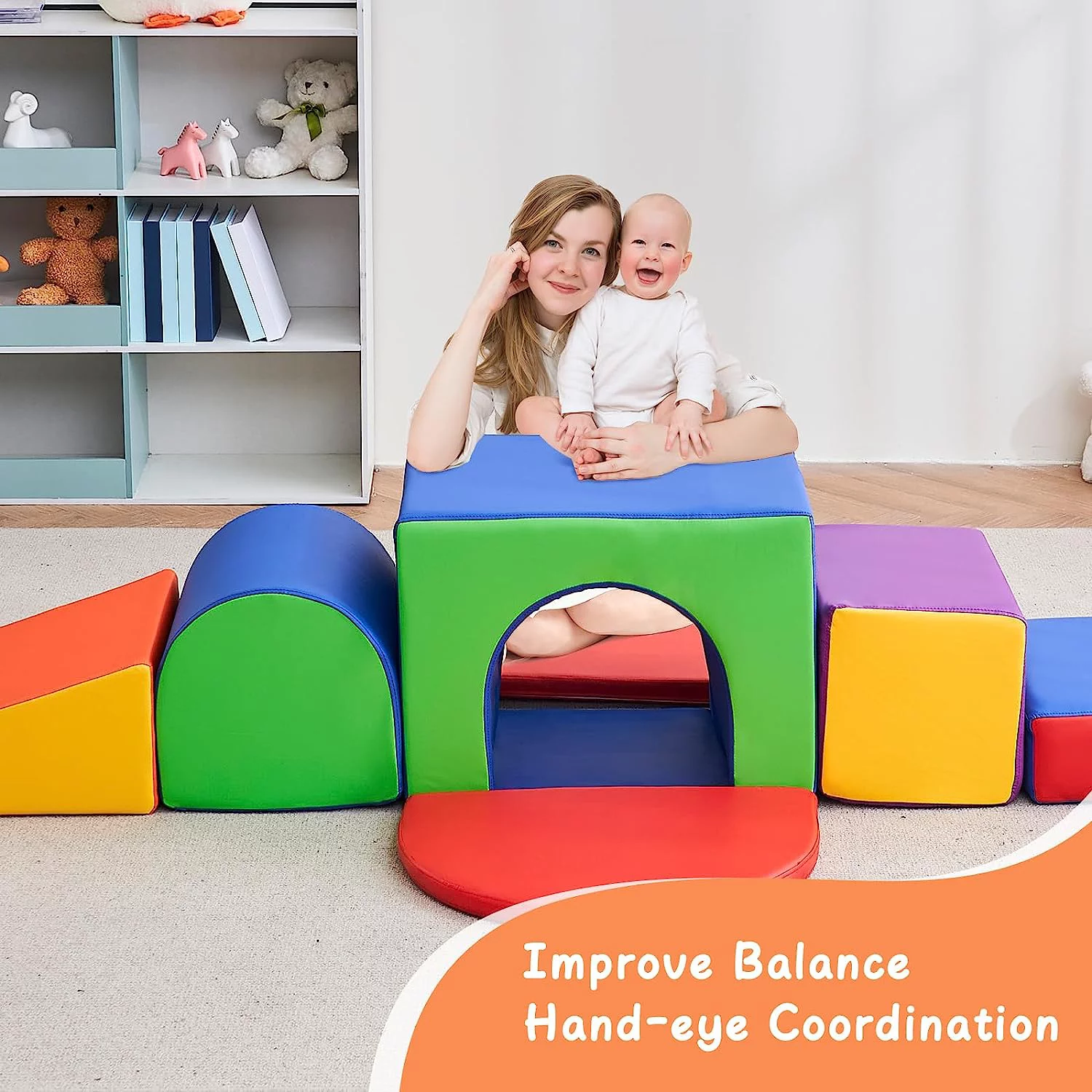 Wanan Foam Climbing Blocks for Toddlers, 7Pcs Climbing Toys for Toddlers Crawl and Climb, Foam Blocks for Kids with Tunnel