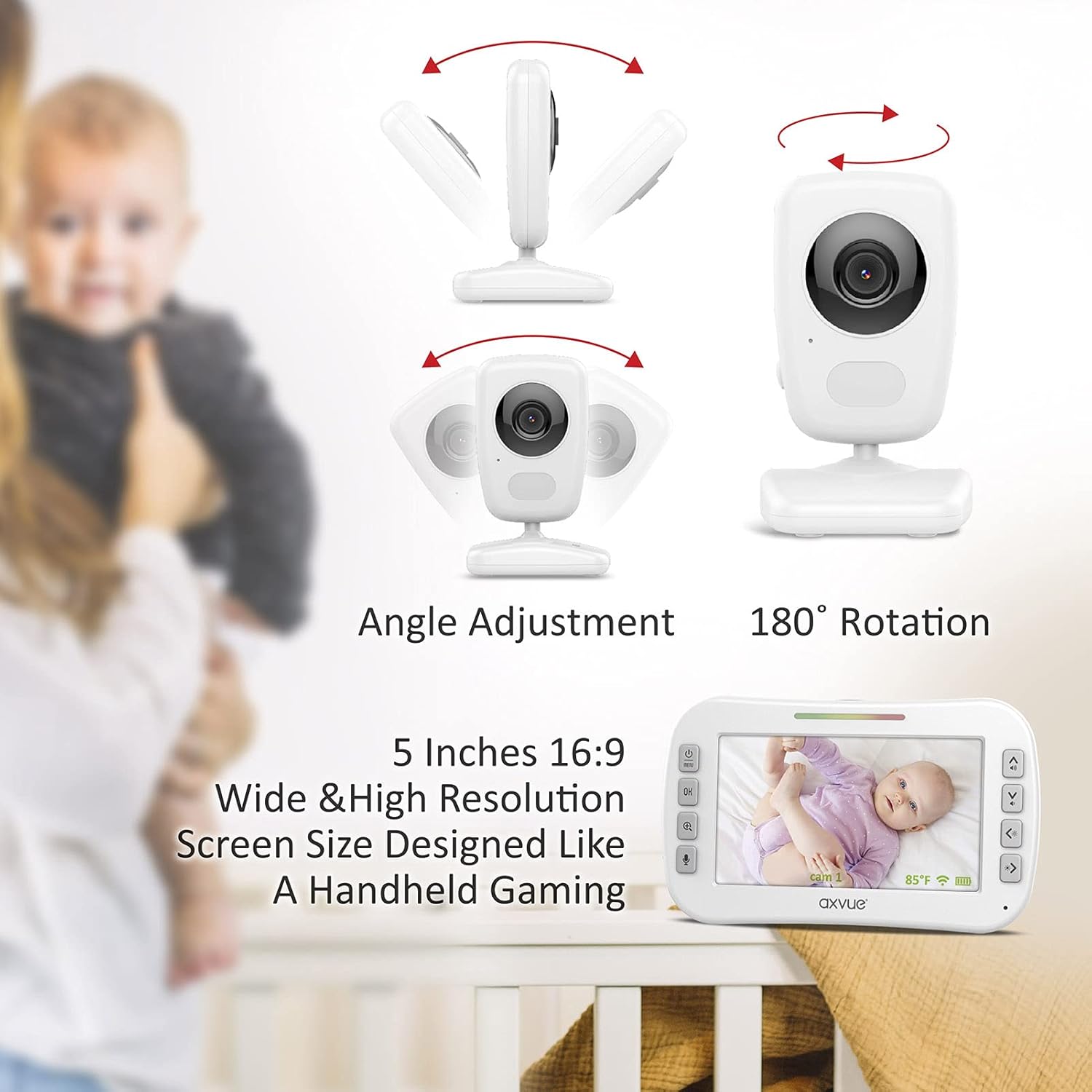 Video Baby Monitor 5 Screen, 2 Cam, Extra Long Range, Secure Wireless Technology, Built-in Auto Night Vision, Temperature Alert