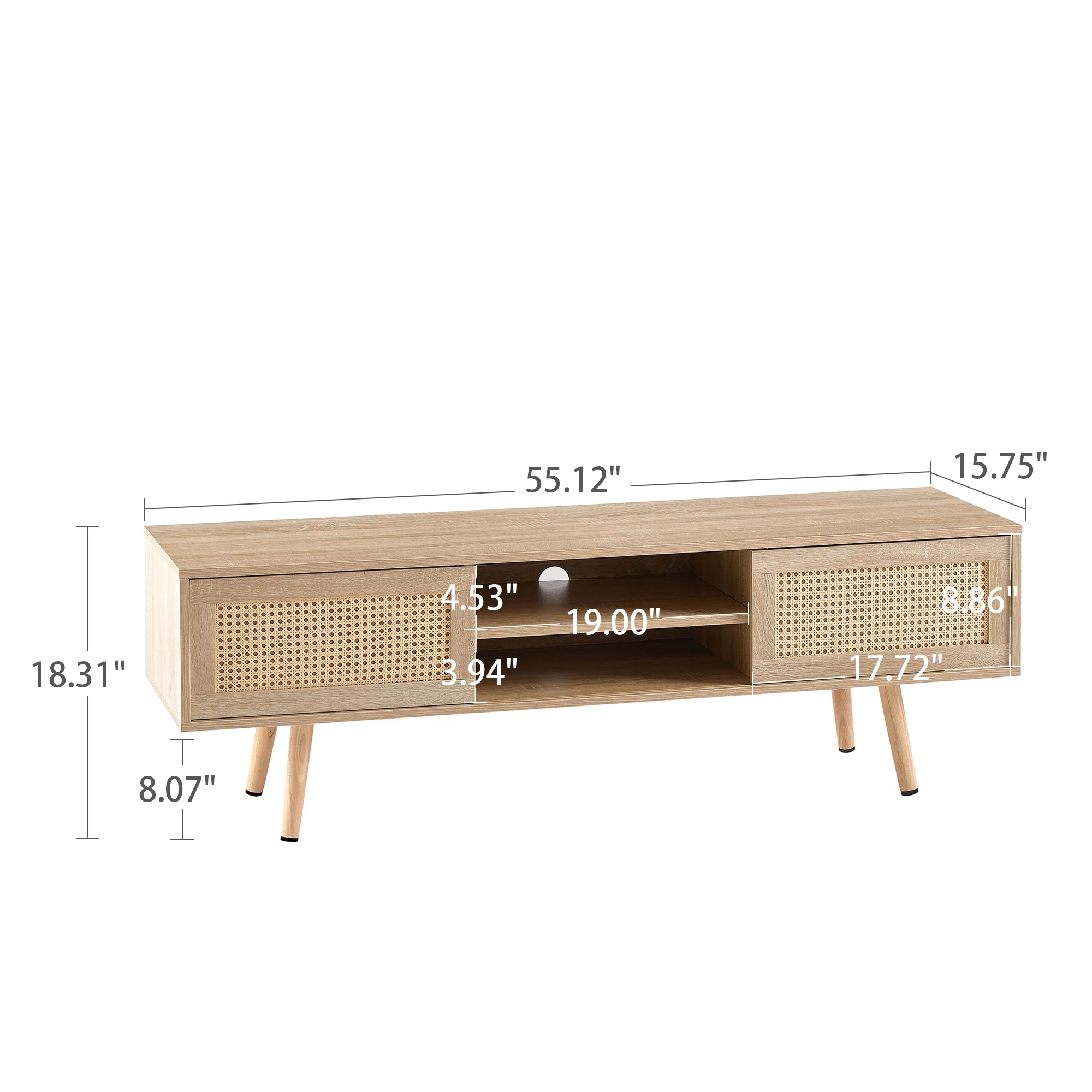 KUUFER 55" Rattan TV Stand, Solid Wood TV Cabinet for 55inch TV, TV Console with 2 Sliding Doors and Adjustable Shelf for Living Room, Natural Color