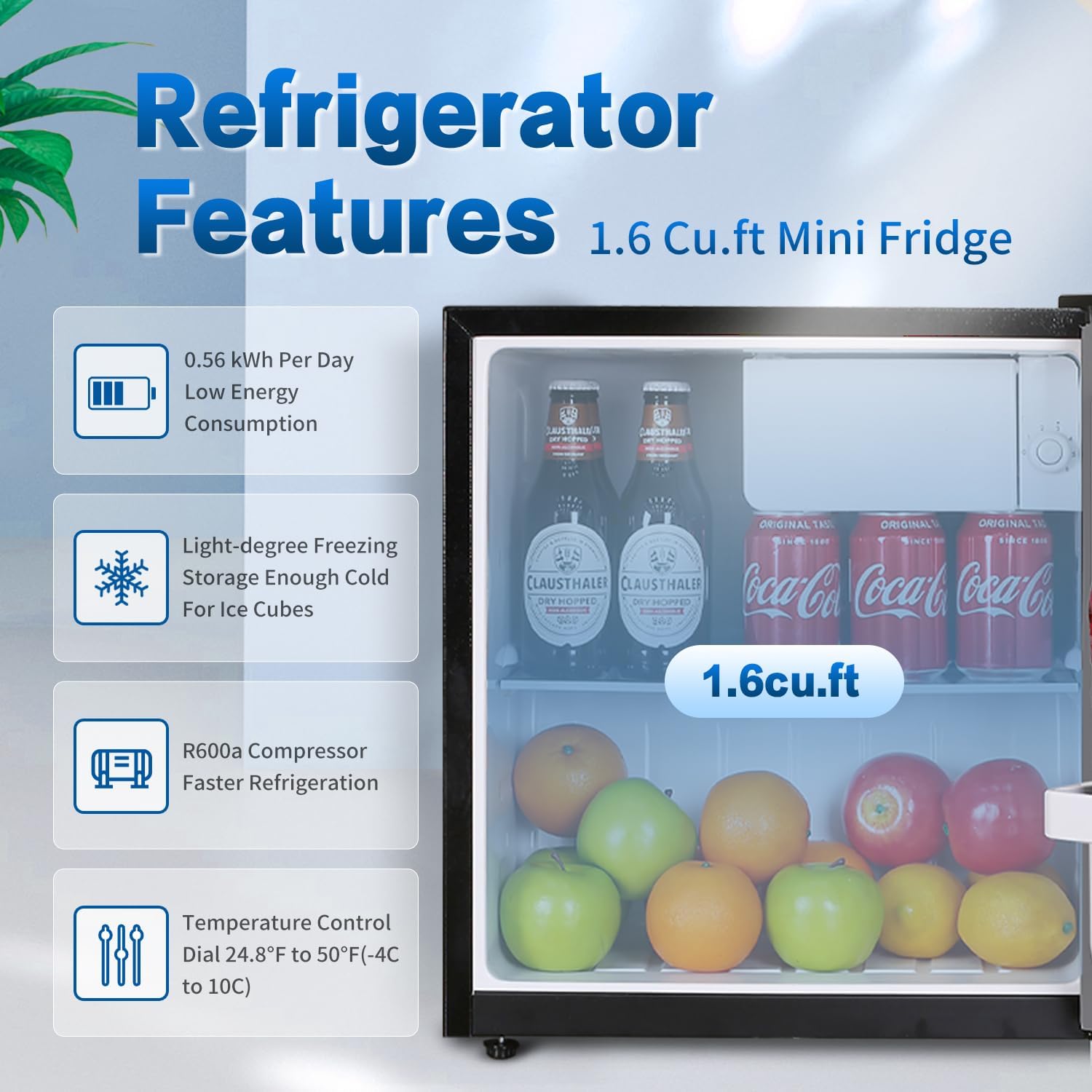 Mini Fridge with Freezer, 1.6 Cu.ft Mini Refrigerator, Energy-efficient, Low Noise, Mini Fridge for Bedroom, Office and Dorm(Black)