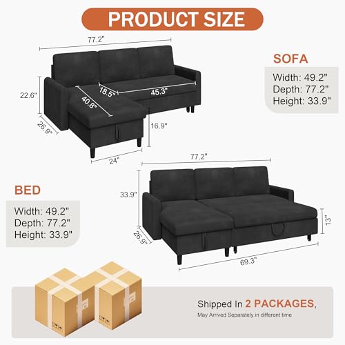 Vongrasig Convertible Sleeper Sofa, Pull Out Couch with Storage, 77" L-Shaped Sofa Bed with Storage Chaise Corduroy Fabric for Living Room, Apartment
