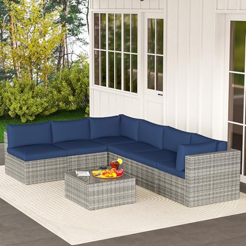 7 Pieces Outdoor Patio Furniture Sets with Glass Tea Table, PE Rattan Wicker Patio Conversation Set with Washable Cushions
