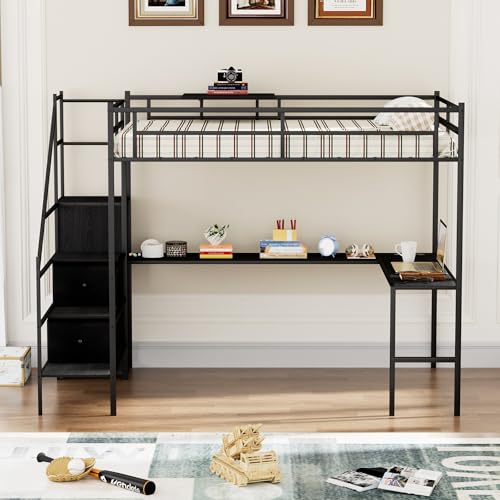 Full Size Loft Bed with Desk,Metal Heavy Duty Full Loft Bed with Stairs,Wardrobe and Shelves