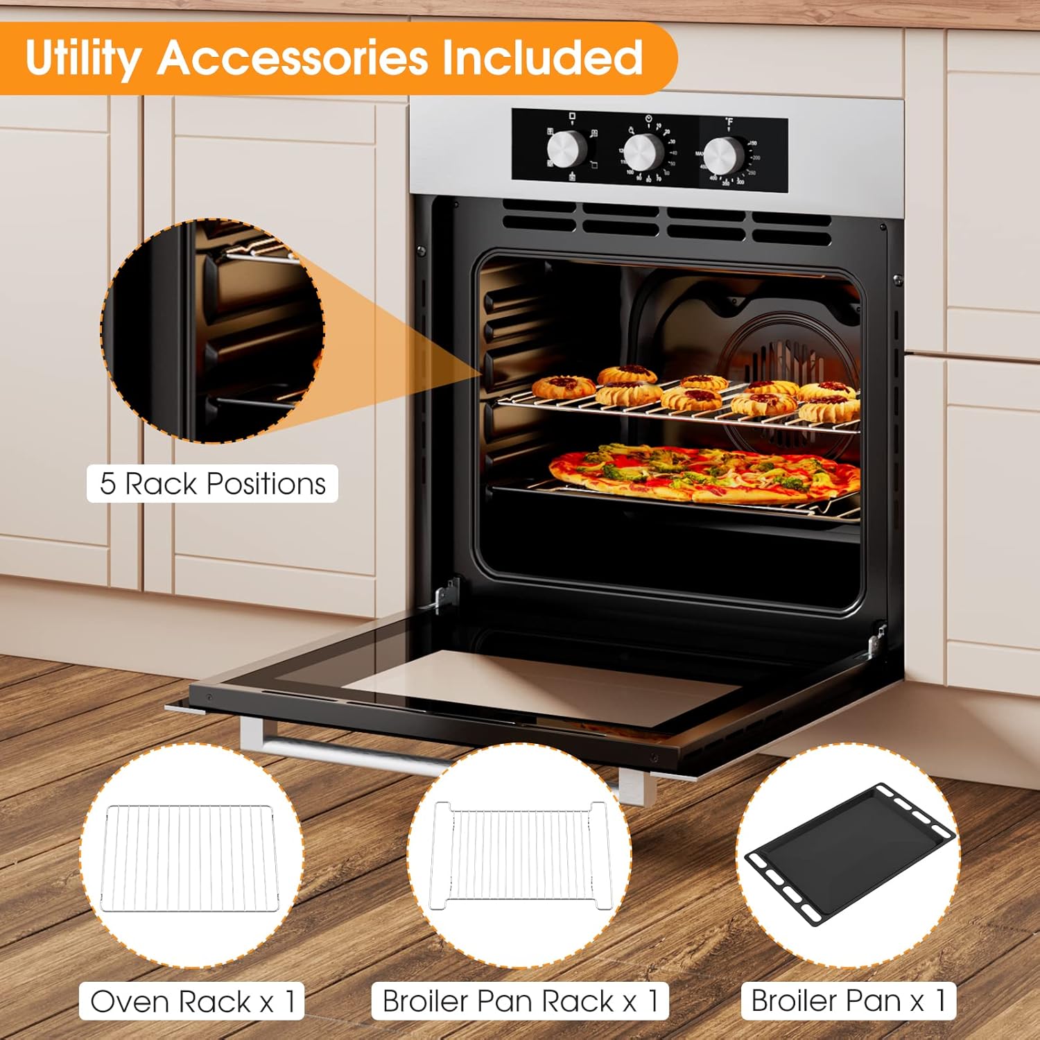 COSTWAY 24" Single Wall Oven, Electric Built-in Wall Oven with 2.47 Cu. Ft. Capacity, 5 Cooking Functions, 360° Rotisserie and Timer