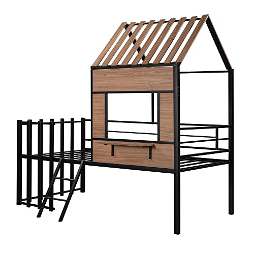 Harper & Bright Designs Kids House Beds Low Loft Bed Frame with Roof, Window, Guardrail and Ladder