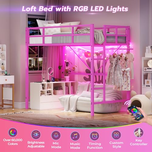 DICTAC Loft Bed Twin Size with Ladder and Guardrail,Metal Twin Loft Bed with Led Lights,Small Space Saving Furniture Design for Bedroom
