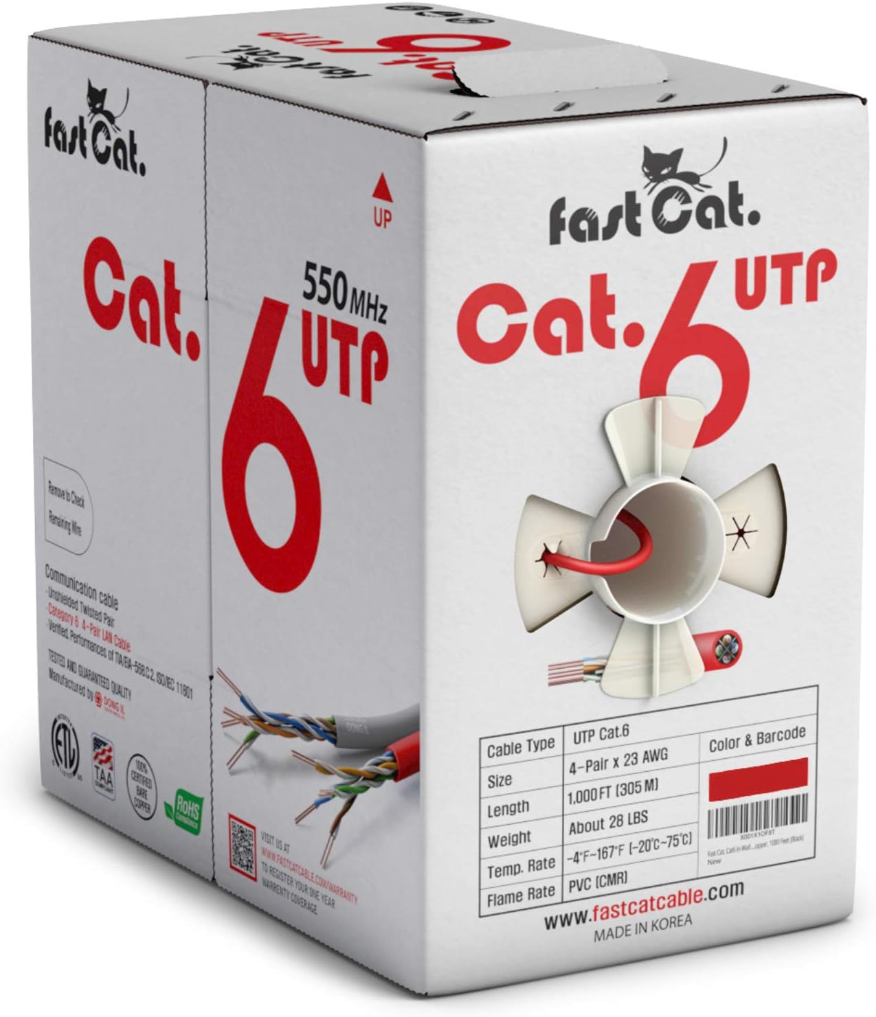 fast Cat. Cat6 Ethernet Cable 1000ft - 23 AWG, CMR, Insulated Solid Bare Copper Wire Internet Cable with Noise Reducing Cross Separator
