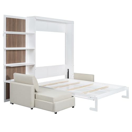 Harper & Bright Designs Queen Size Murphy Bed, Wood Queen Wall Bed with Sofa and Shelves, White