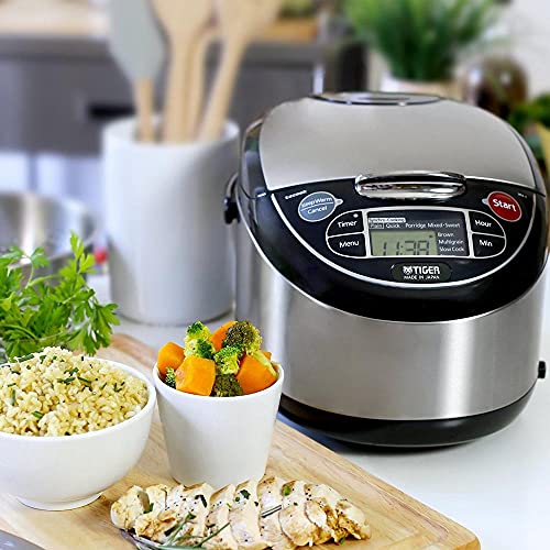 Tiger Micom Rice Cooker with Food Steamer & Slow Cooker, Stainless Steel Black