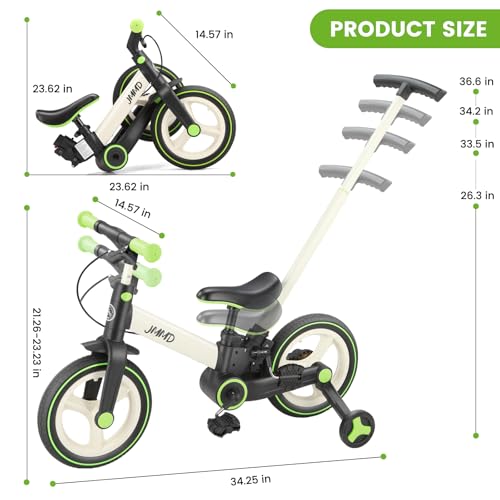 JMMD Toddler Bike with Push Handle for Kids 18-60 Months, 6 in 1 Foldable Push Bike with Training Wheels, Pedals, Brakes, Kickstand